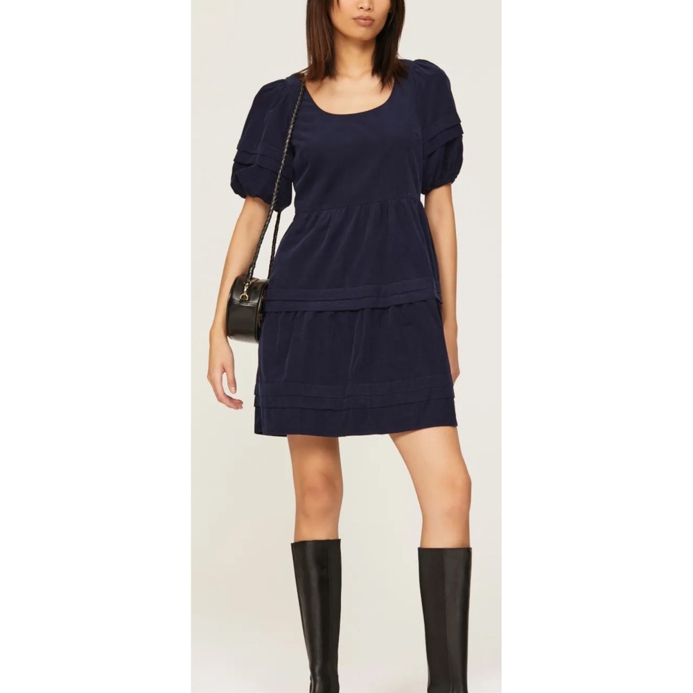 Madewell Corduroy Tiered‎ Mini Dress Puff Short Sleeve Navy Blue Womens Small